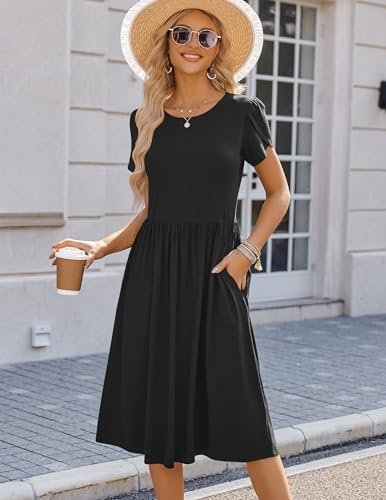 HOTOUCH Women's Summer Short Sleeve A-Line Midi Dresses Casual Floral T-Shirt Dress Flowy Beach Sundress with Pockets