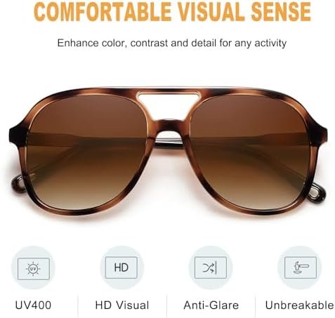 Polarized Aviator Sunglasses for Women Men UV400 Protection Trendy Sunglasses Double Bridge 70s Retro Vintage Aviators