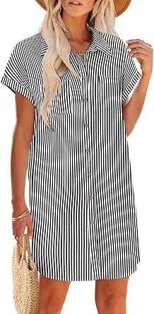 Zeagoo Women's Summer Dress 2025 Cotton Button Down Short Sleeve Tshirt Dresses Casual Flowy V Neck Loose Mini Beach Dress