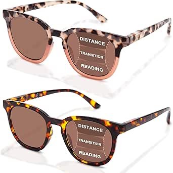 2Packs Progressive Reading Sunglasses for Women - No Line Ladies Multifocal Sun Readers Large Frame with Spring Hinge