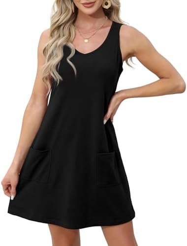 OFEEFAN Womens Summer Dresses 2025 V Neck Sleeveless Sundresses with Pockets Beach Vacation Clothes Floral/Plain