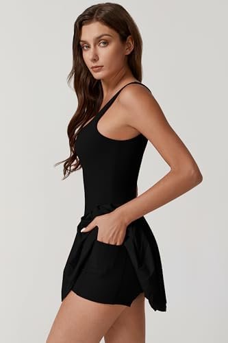 QINSEN Womens Square Neck Tennis Dress Pleated Sleeveless Built in Shorts Golf Athletic Dress with Pockets
