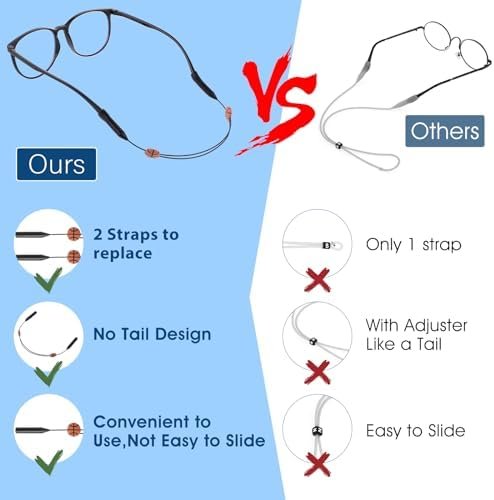 2PCS Adjustable Glasses Strap, No Tail Eyeglass Holder Sports Eyewear Retainer Sunglasses String Holder 35cm/14in