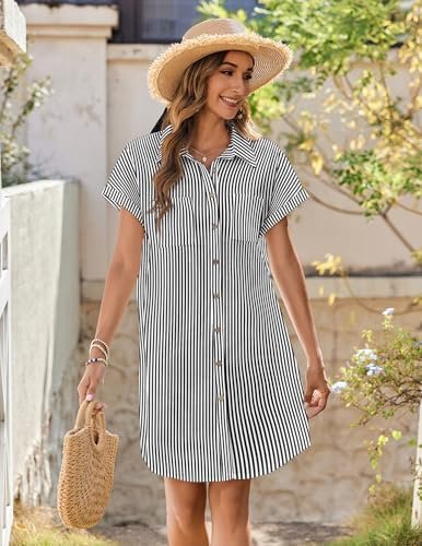 Zeagoo Women's Summer Dress 2025 Cotton Button Down Short Sleeve Tshirt Dresses Casual Flowy V Neck Loose Mini Beach Dress