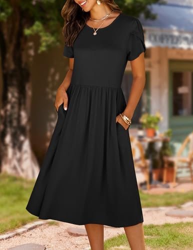 HOTOUCH Women's Summer Short Sleeve A-Line Midi Dresses Casual Floral T-Shirt Dress Flowy Beach Sundress with Pockets