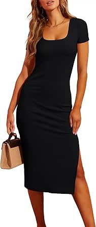 Valiamcep Women's Summer Midi Bodycon Dresses Basic Square Neck Side Slit Ribbed Knit Fitted Casual Sleeveless Tank Dress