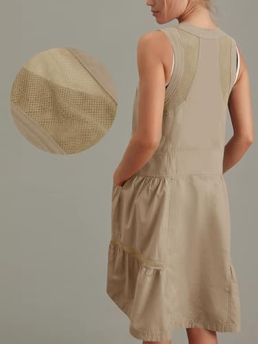 Fisoew Women's Sleeveless Tank Mini Dress Casual Half Zip V Neck Loose Mesh Back Utility Summer Dresses with Pockets