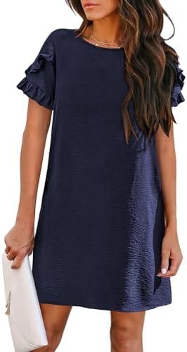 HOTOUCH Womens Summer Dress 2025 Short Sleeve A-Line Mini Dress Casual Crew Neck Shift Dress Beach Sundress with Pockets