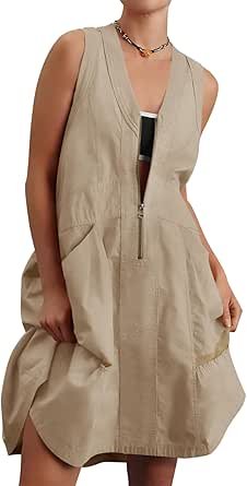 Fisoew Women's Sleeveless Tank Mini Dress Casual Half Zip V Neck Loose Mesh Back Utility Summer Dresses with Pockets