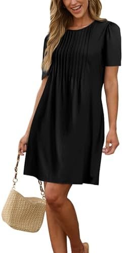 SAMPEEL Womens Pleated Front Summer Dresses Casual Short Sleeve T Shirts Dress with Pockets Vacation Beach Cover Up