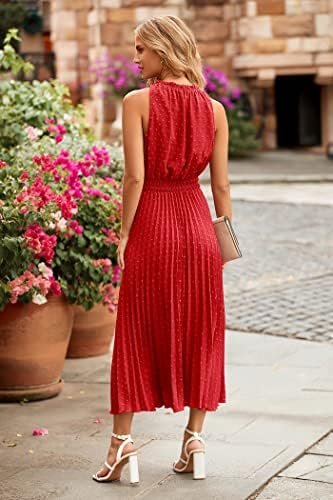 PRETTYGARDEN Women's Midi Summer Dresses Casual V Neck Swiss Dot Ruffle Sleeveless A Line Beach Sun Dress