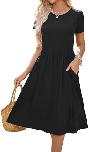 HOTOUCH Women's Summer Short Sleeve A-Line Midi Dresses Casual Floral T-Shirt Dress Flowy Beach Sundress with Pockets