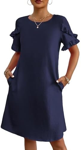 HOTOUCH Womens Summer Dress 2025 Short Sleeve A-Line Mini Dress Casual Crew Neck Shift Dress Beach Sundress with Pockets