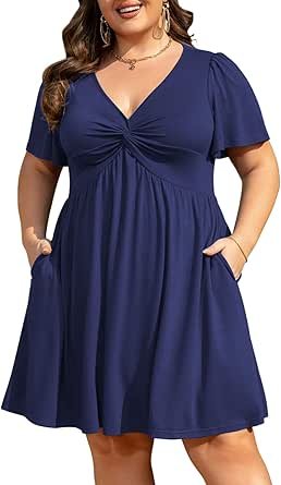 Womens Plus Size Summer Dress Casual Short Sleeves Deep V Neck Twist Knot Front Flowy Dress with Pockets