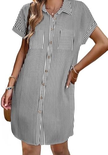 Zeagoo Women's Summer Dress 2025 Cotton Button Down Short Sleeve Tshirt Dresses Casual Flowy V Neck Loose Mini Beach Dress