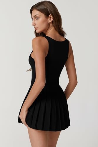 QINSEN Womens Square Neck Tennis Dress Pleated Sleeveless Built in Shorts Golf Athletic Dress with Pockets