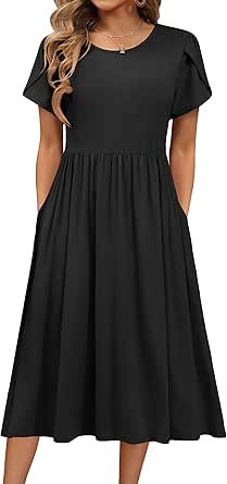 HOTOUCH Women's Summer Short Sleeve A-Line Midi Dresses Casual Floral T-Shirt Dress Flowy Beach Sundress with Pockets