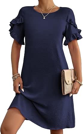 HOTOUCH Womens Summer Dress 2025 Short Sleeve A-Line Mini Dress Casual Crew Neck Shift Dress Beach Sundress with Pockets