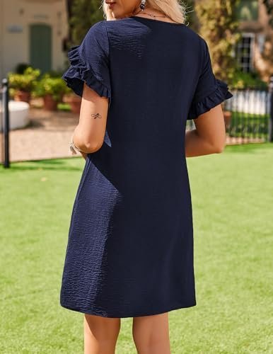 HOTOUCH Womens Summer Dress 2025 Short Sleeve A-Line Mini Dress Casual Crew Neck Shift Dress Beach Sundress with Pockets