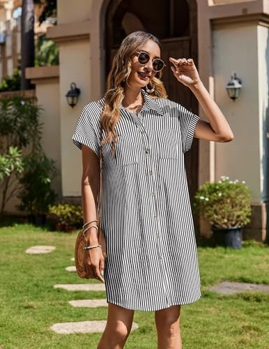 Zeagoo Women's Summer Dress 2025 Cotton Button Down Short Sleeve Tshirt Dresses Casual Flowy V Neck Loose Mini Beach Dress