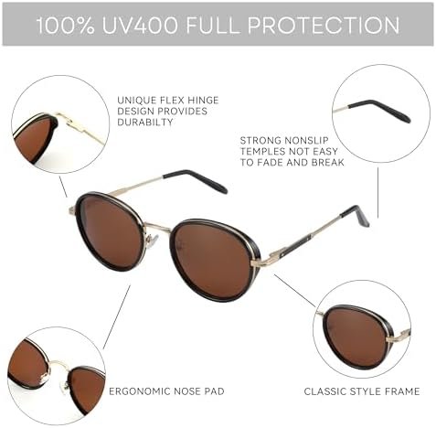 Retro Round Polarized Steampunk Sunglasses for Men Women-Circle Vintage Design Metal Frame UV400 Shades