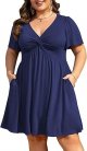 Womens Plus Size Summer Dress Casual Short Sleeves Deep V Neck Twist Knot Front Flowy Dress with Pockets
